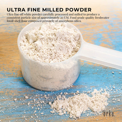 Hlpmedical Orku 50g fine diatomaceous earth food grade fossil shell flour powder, natural mineral supplement in a clear container