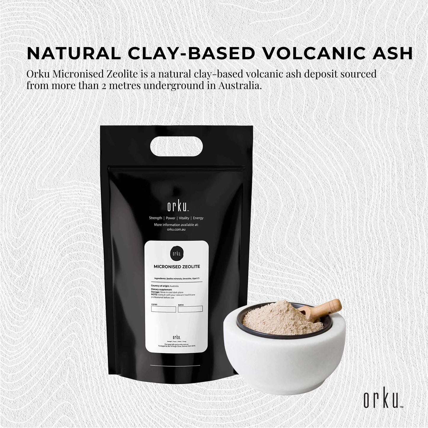 20kg pure micronized Zeolite powder mineral from Hlpmedical, shown in a clear container, used as a health and beauty supplement.