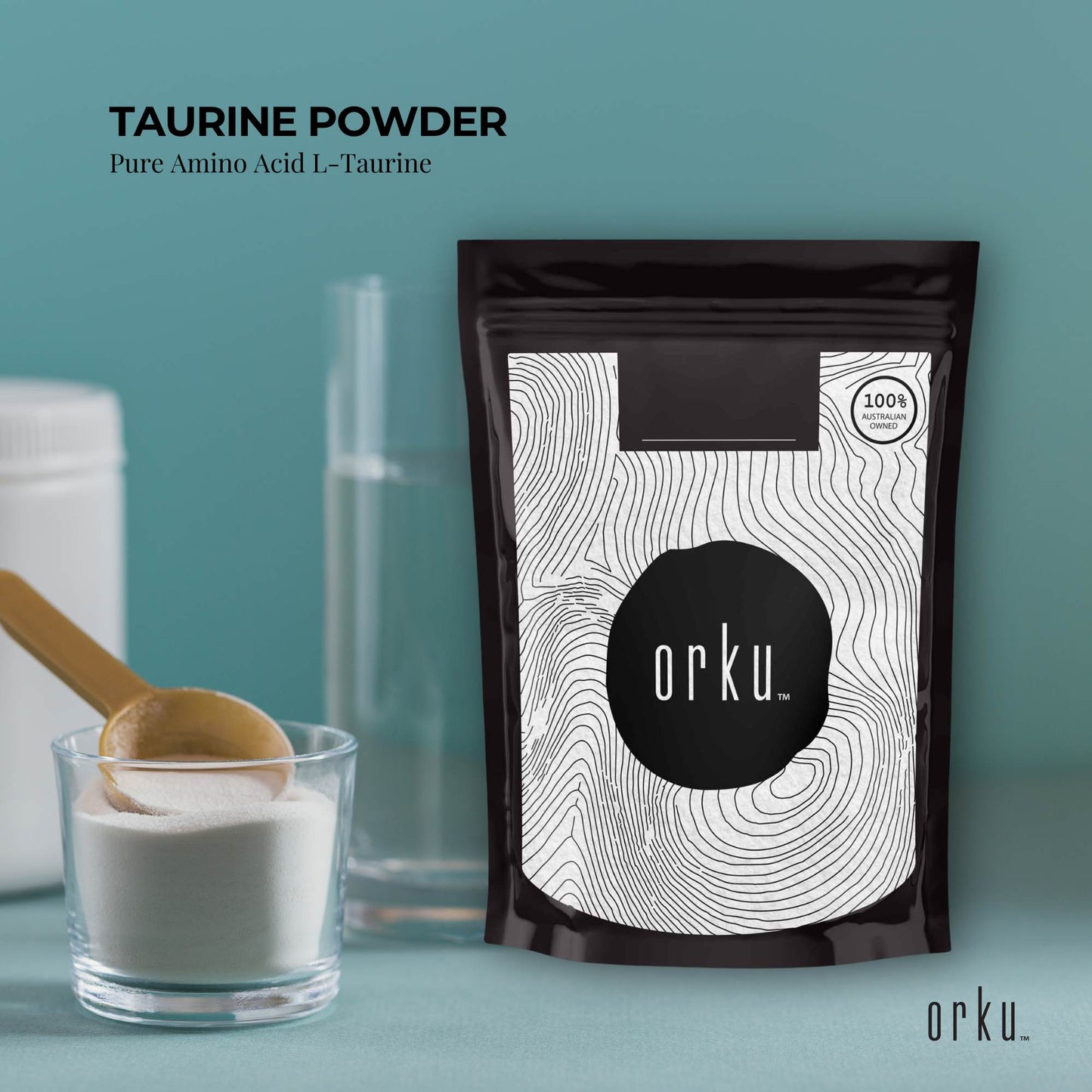 Hlpmedical Orku 400g taurine powder container, high purity L-Taurine amino acid supplement for health and nutrition.