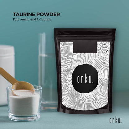 Hlpmedical Orku 400g taurine powder container, high purity L-Taurine amino acid supplement for health and nutrition.