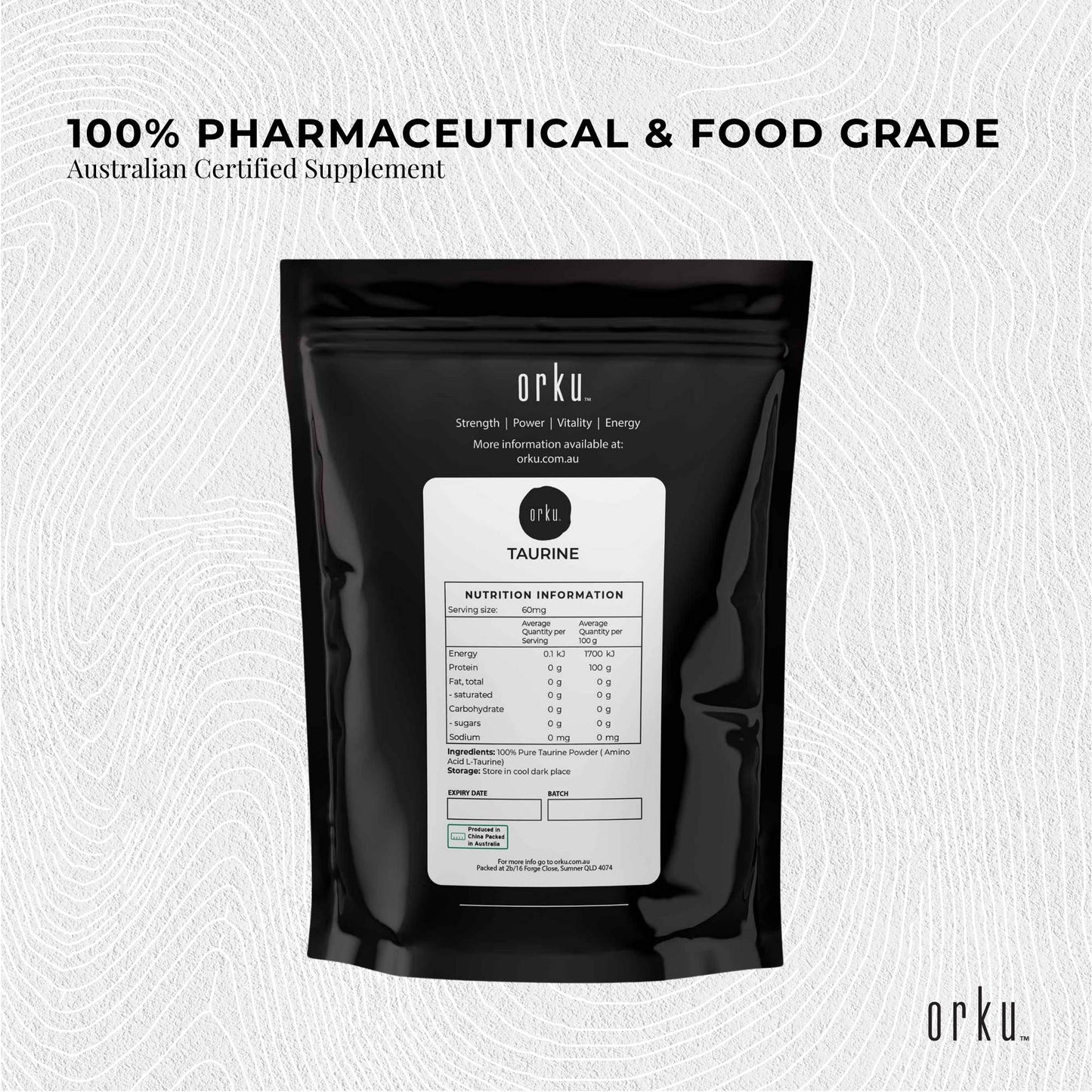 Hlpmedical Orku 400g taurine powder in a clear container, high purity L-Taurine amino acid supplement for health and nutrition.