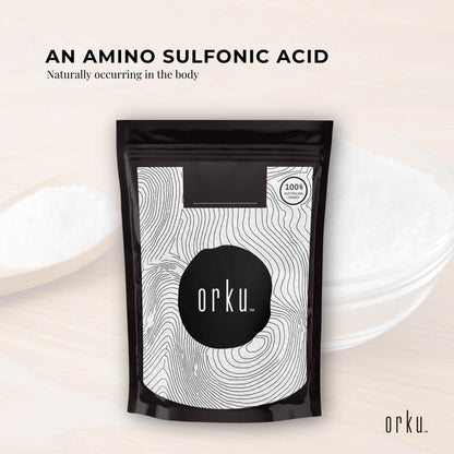 Hlpmedical Orku 400g taurine powder container, high purity L-Taurine amino acid supplement for health and nutrition.