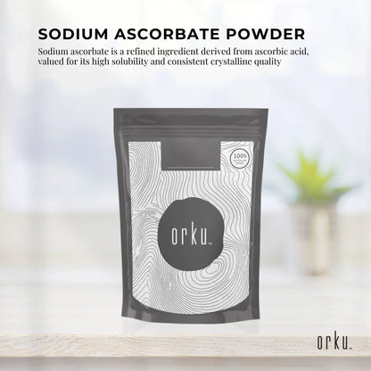 Crystalline white Orku 100g Sodium Ascorbate powder from Hlpmedical, high purity vitamin supplement for health and nutrition.