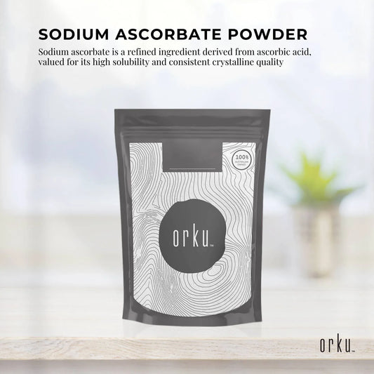 Crystalline white Orku 100g Sodium Ascorbate powder from Hlpmedical, high purity vitamin supplement for health and nutrition.