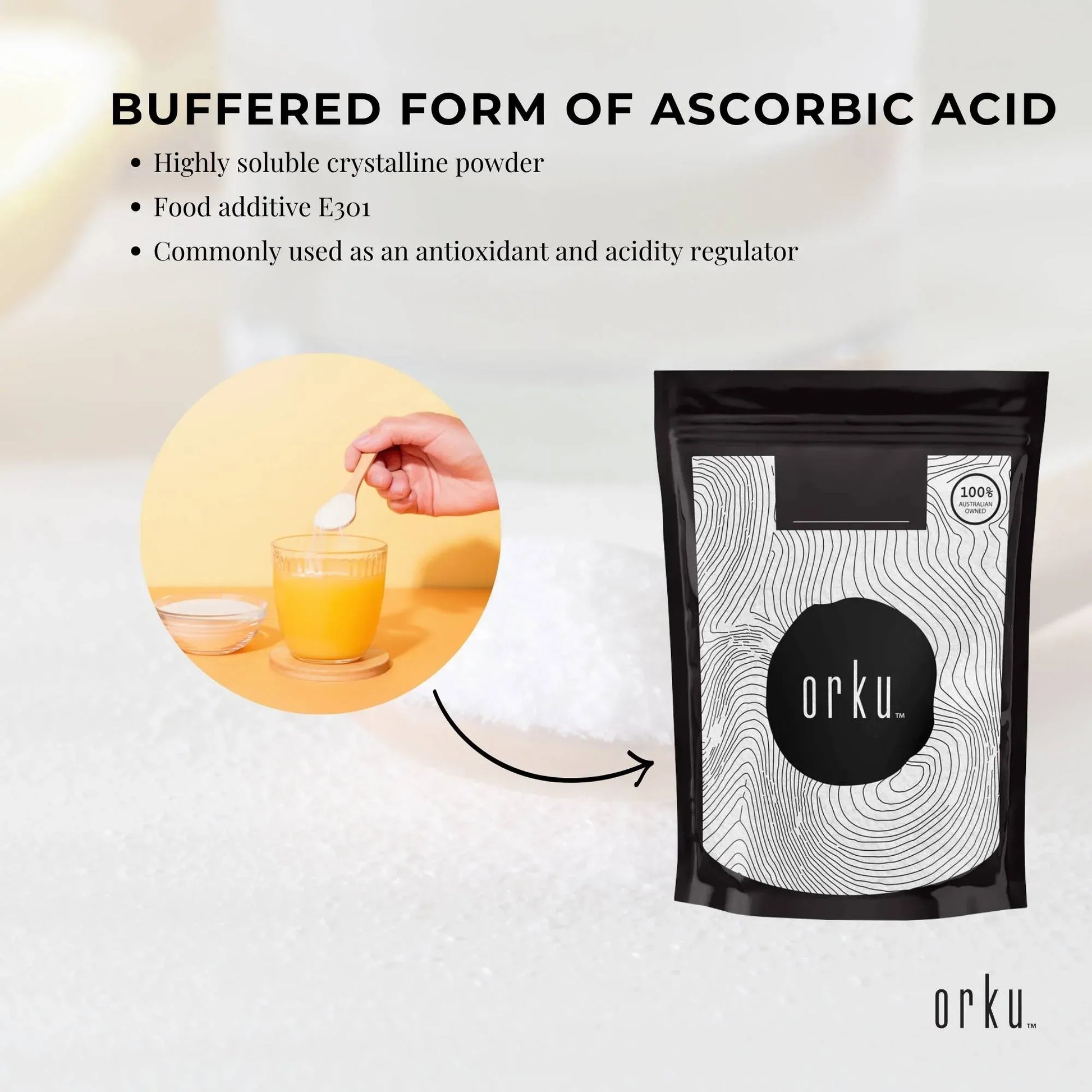 High purity Orku 100g sodium ascorbate crystalline powder, a vitamin C supplement for health and nutrition.