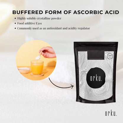 High purity Orku 100g sodium ascorbate crystalline powder, a vitamin C supplement for health and nutrition.