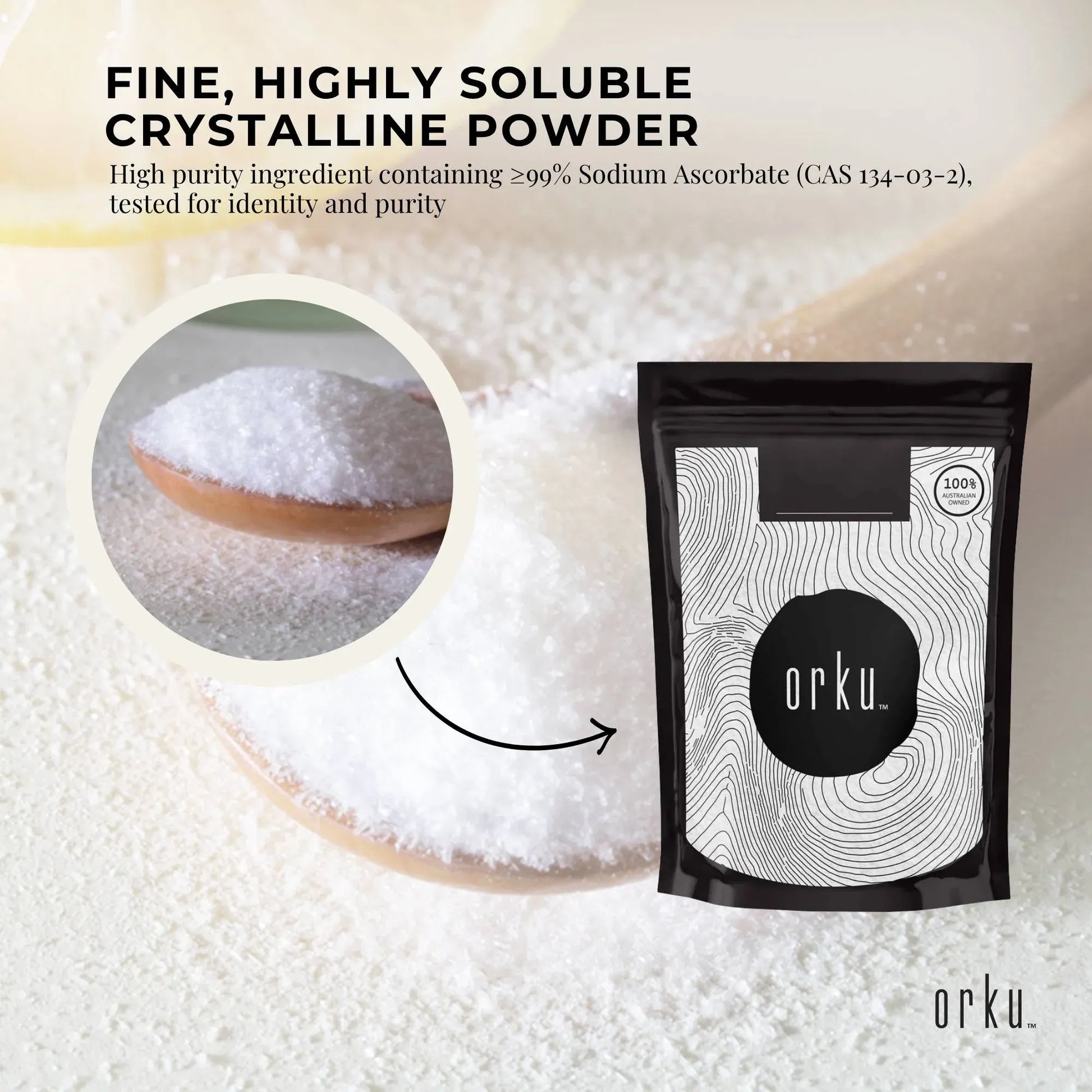 Orku 100g sodium ascorbate crystalline powder, high purity vitamin C supplement from Hlpmedical for health and nutrition.