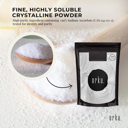 Orku 100g sodium ascorbate crystalline powder, high purity vitamin C supplement from Hlpmedical for health and nutrition.