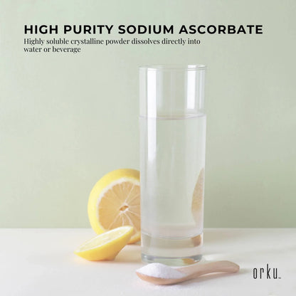 Orku 100g sodium ascorbate crystalline powder, high purity vitamin C supplement for health and nutrition, shown in a clear container.