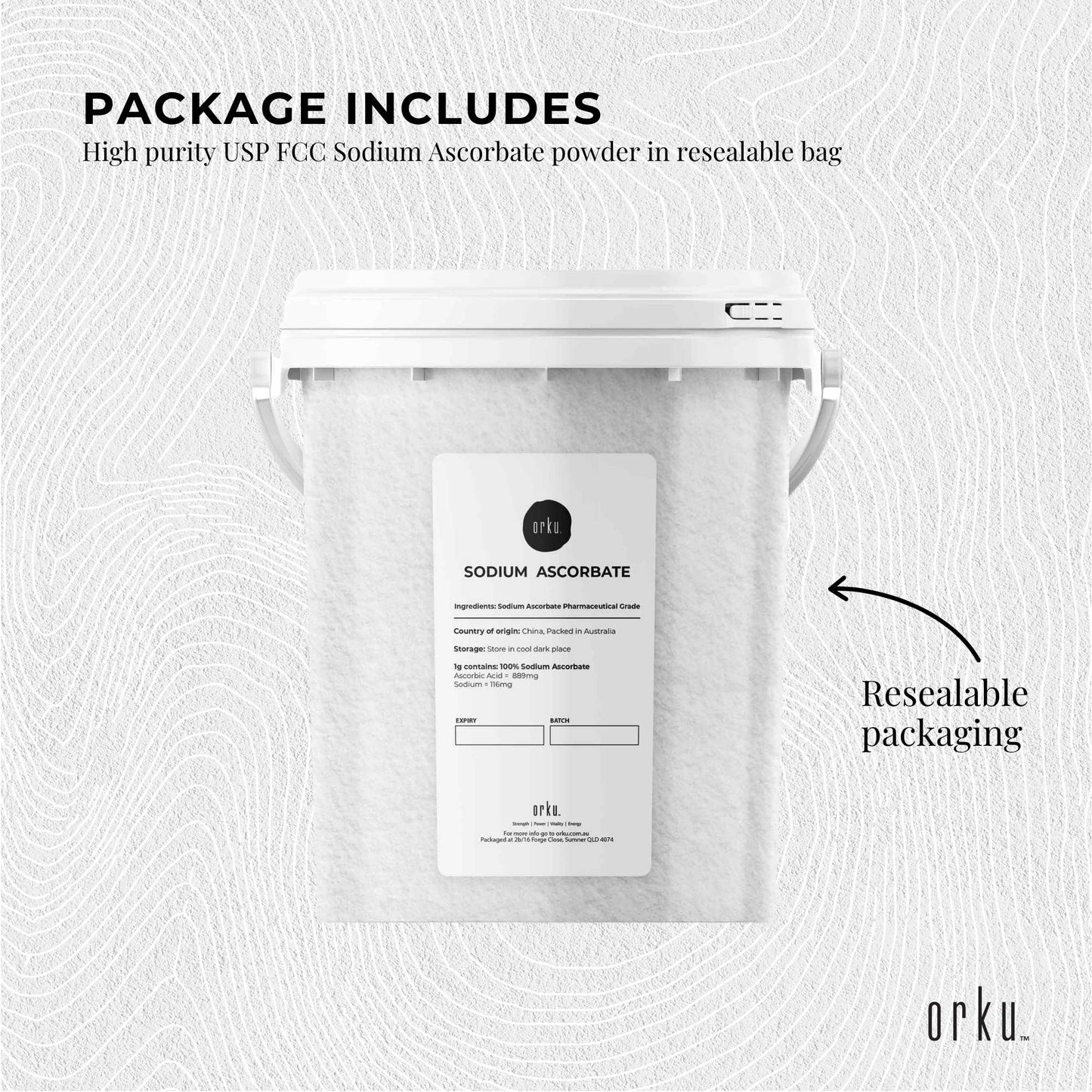 Hlpmedical Orku 1.2kg sodium ascorbate tub with high purity crystalline powder for health and dietary supplement use