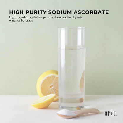 Hlpmedical Orku 1.2kg sodium ascorbate tub with high purity soluble crystalline vitamin C powder for health and nutrition.