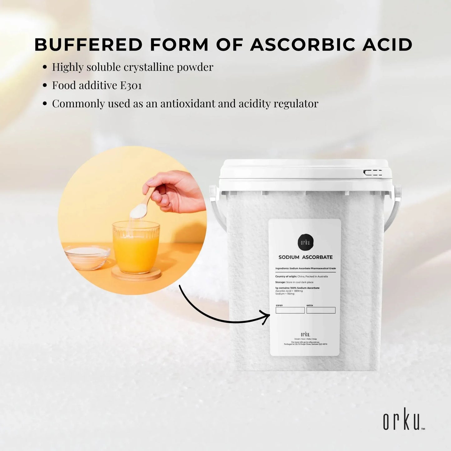Hlpmedical Orku 1.2kg sodium ascorbate crystalline powder in a tub, high purity vitamin C supplement for health and nutrition.