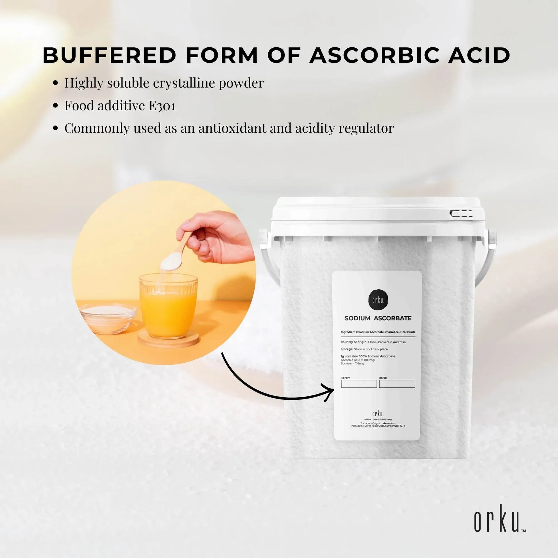 Hlpmedical Orku 1.2kg sodium ascorbate crystalline powder in a tub, high purity vitamin C supplement for health and nutrition.