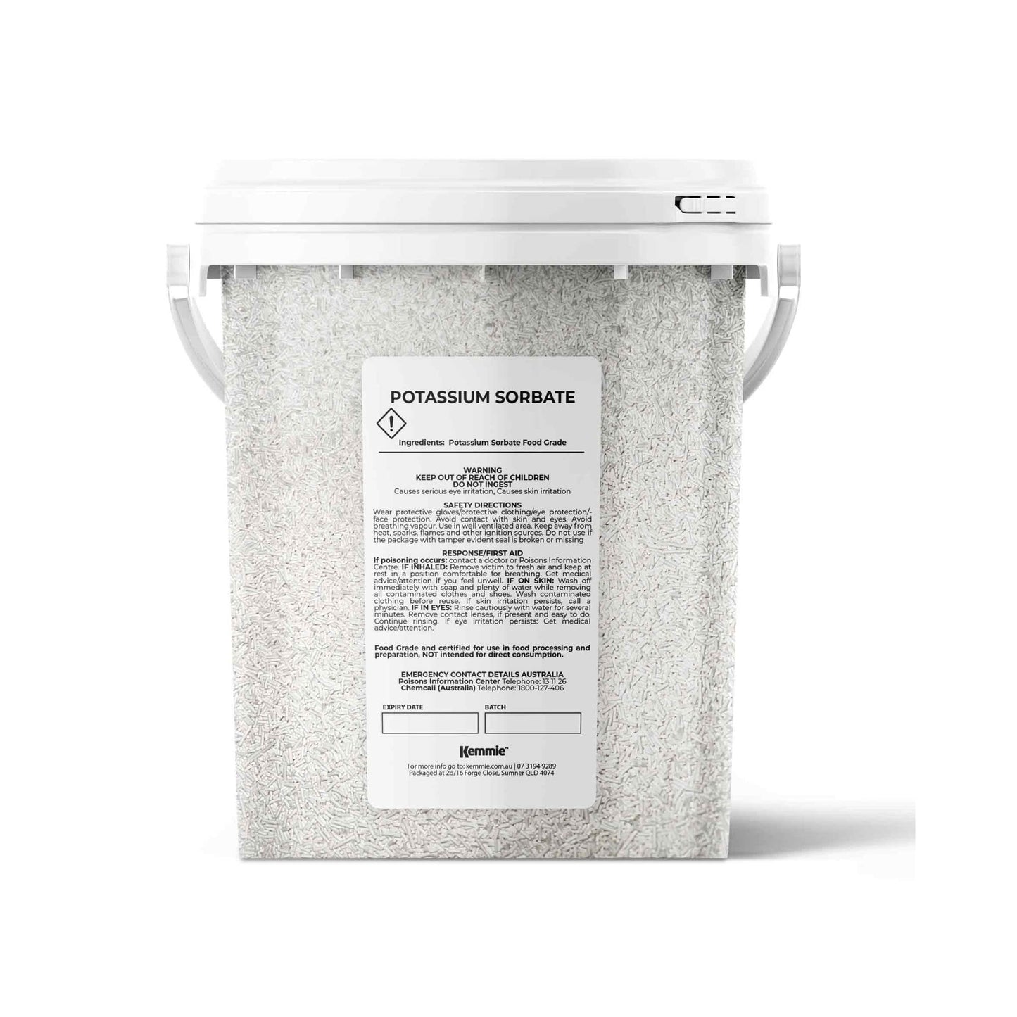Kemmie 500g potassium sorbate food-grade granules in a tub, used as a preservative for food and cosmetics by Hlpmedical.