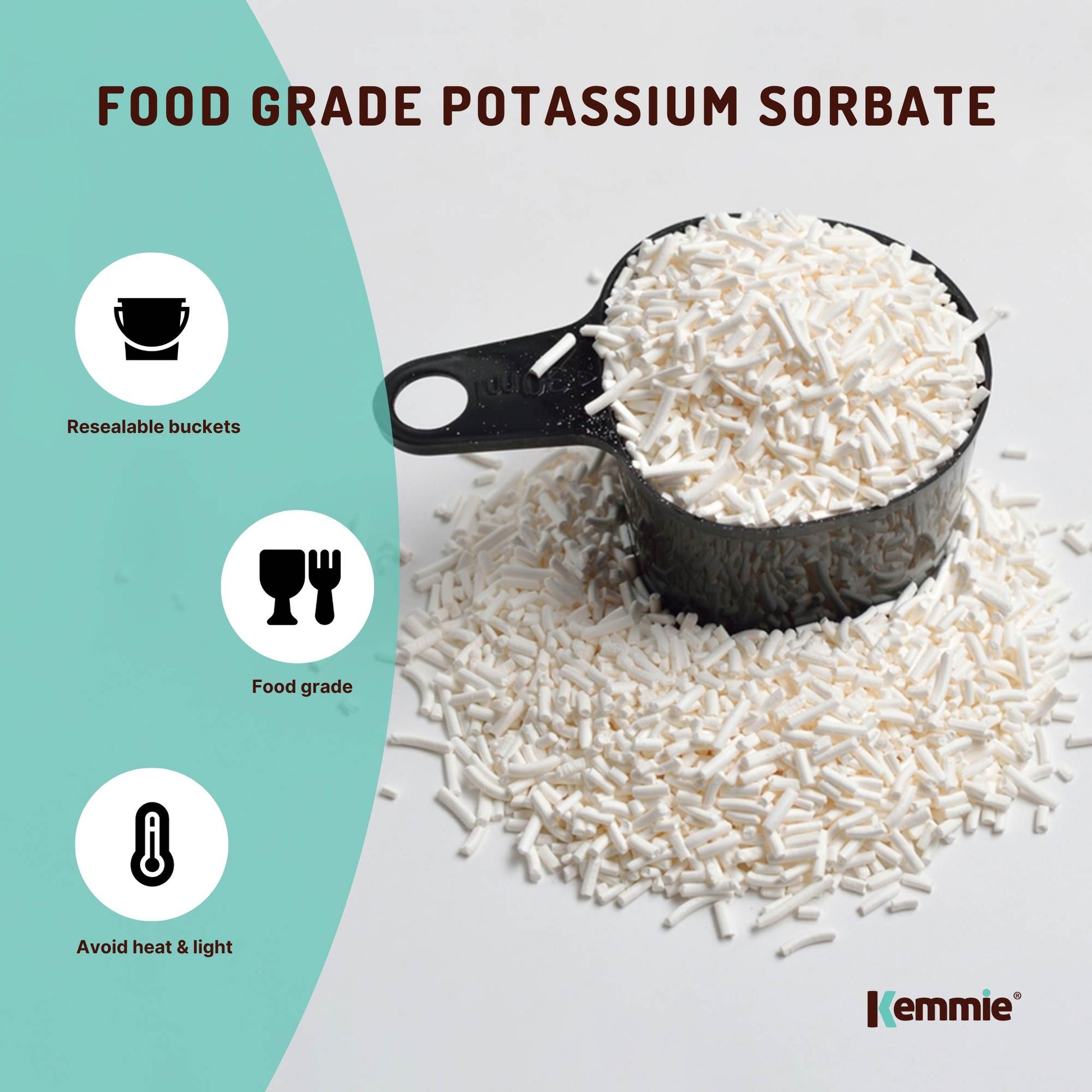 Hlpmedical Kemmie 500g potassium sorbate food-grade granules in tub, used as preservative for food and cosmetics.