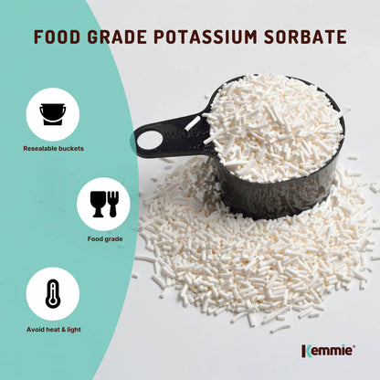 Hlpmedical Kemmie 500g potassium sorbate food-grade granules in tub, used as preservative for food and cosmetics.