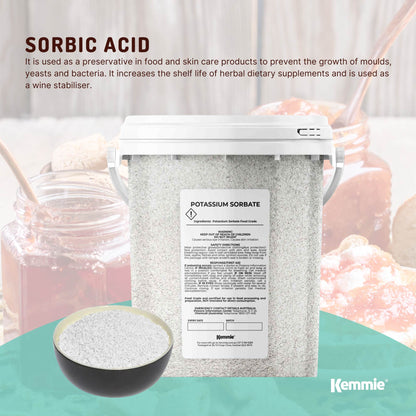 Kemmie 500g potassium sorbate food-grade granules in a tub, used as a preservative for food and cosmetics by Hlpmedical.