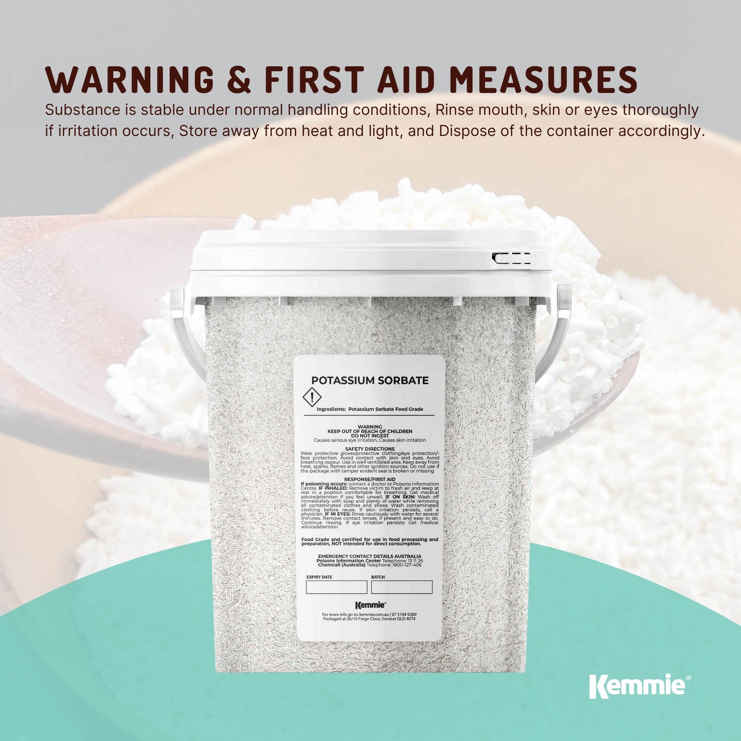 Kemmie 500g Potassium Sorbate food-grade granules tub, preservative for food and cosmetics, by Hlpmedical.