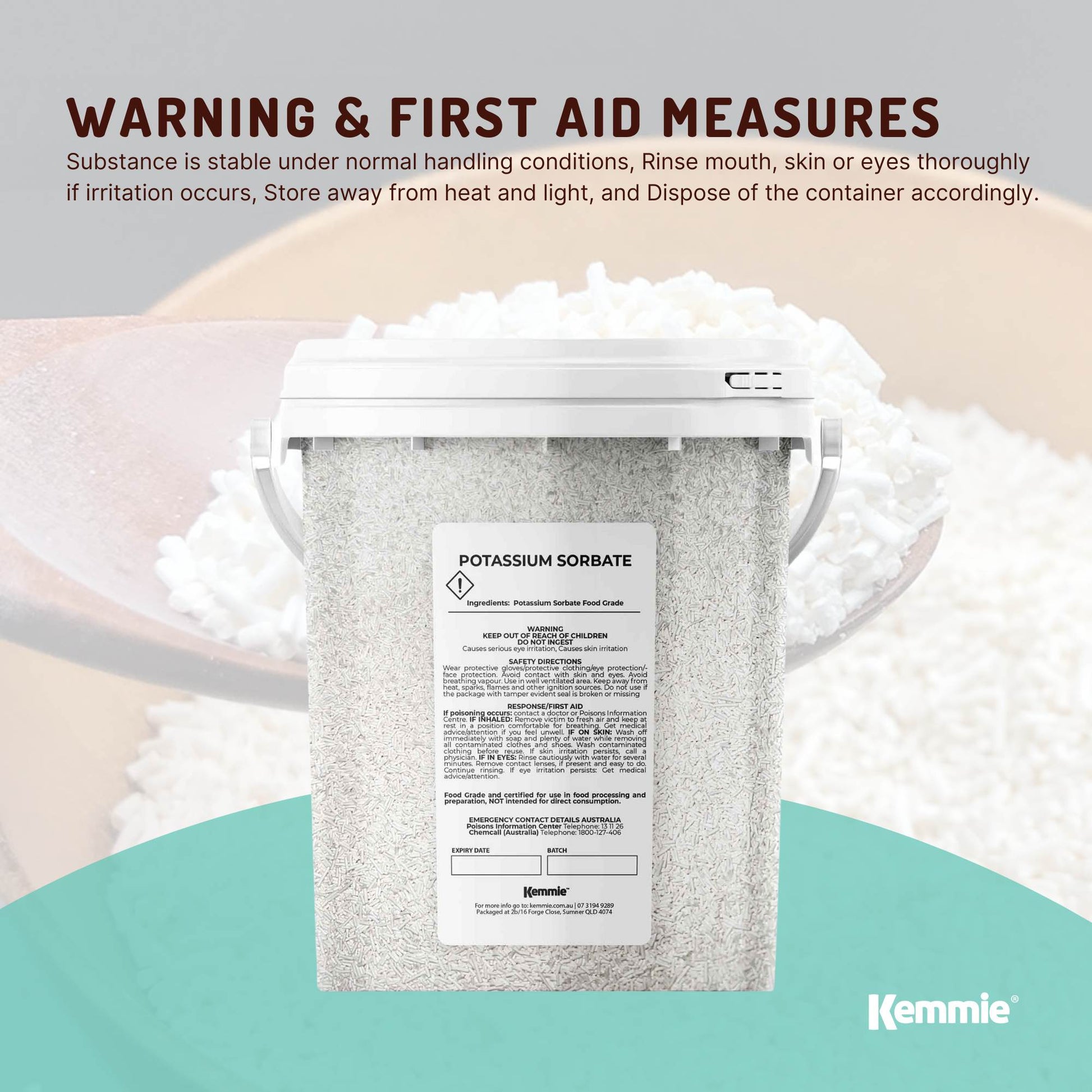 Kemmie 500g Potassium Sorbate food-grade granules tub, preservative for food and cosmetics, by Hlpmedical.