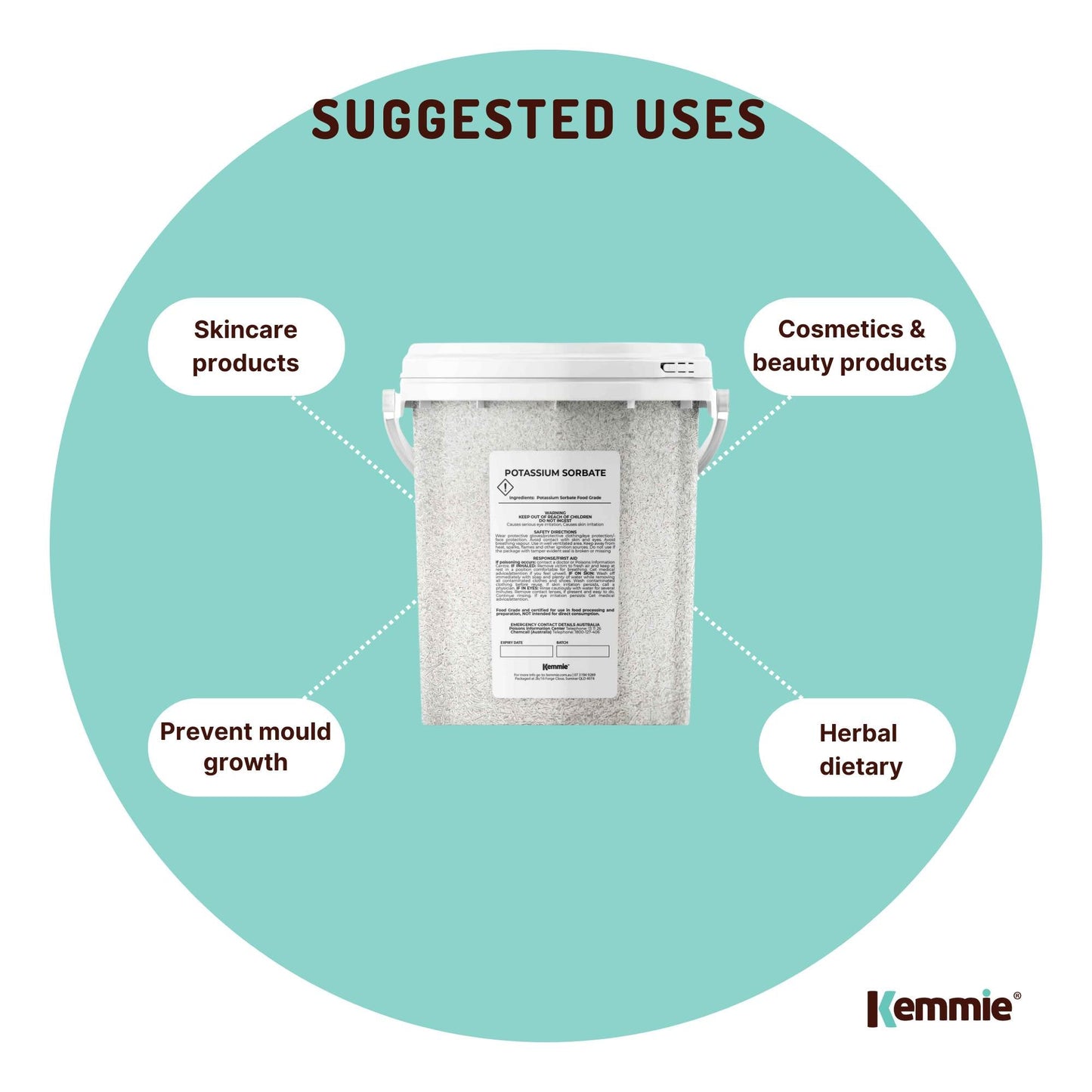 Hlpmedical Kemmie 500g potassium sorbate granules tub for food preservation and cosmetic use, E202 preservative in a clear container.