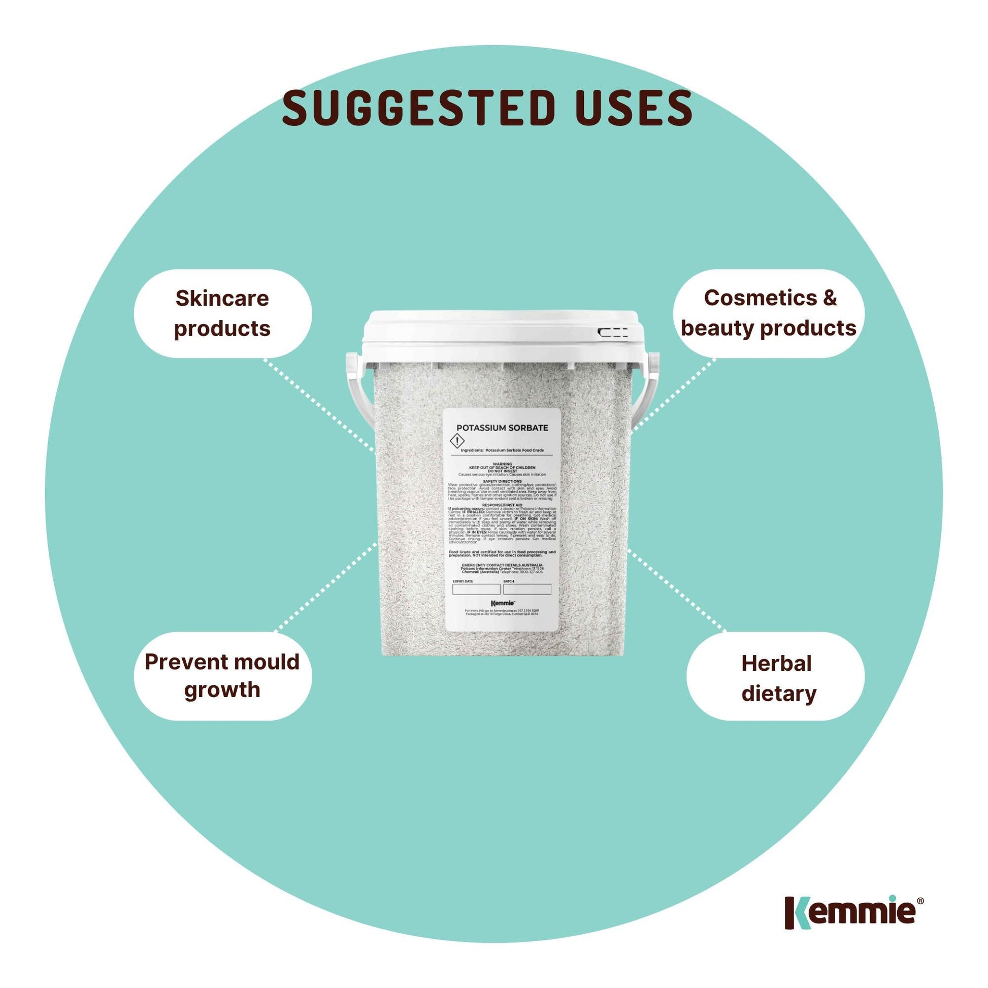 Hlpmedical Kemmie 500g potassium sorbate granules tub for food preservation and cosmetic use, E202 preservative in a clear container.
