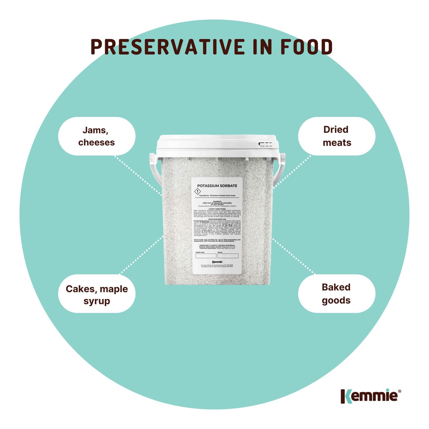 Hlpmedical Kemmie 500g potassium sorbate food-grade granules in a tub, used as a preservative for food and cosmetics.
