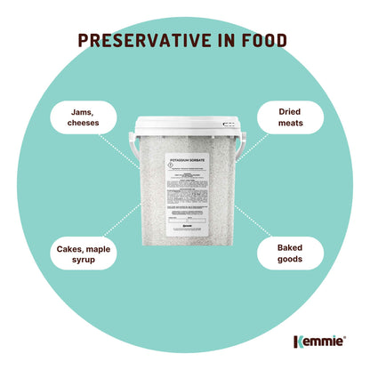 Hlpmedical Kemmie 500g potassium sorbate food-grade granules in a tub, used as a preservative for food and cosmetics.
