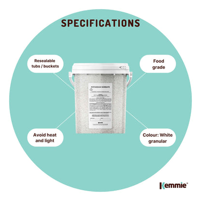Hlpmedical Kemmie 500g Potassium Sorbate food grade granules in a tub, used as a preservative for food and cosmetics.