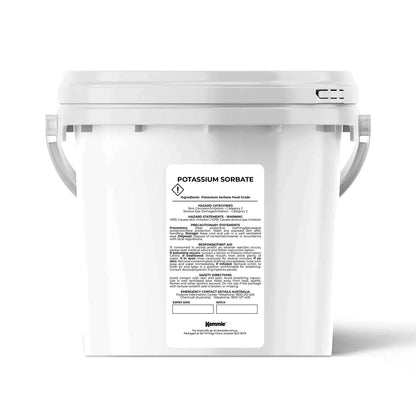 Hlpmedical Kemmie 2kg Potassium Sorbate food grade granules in a tub, used as a preservative for food and cosmetics.