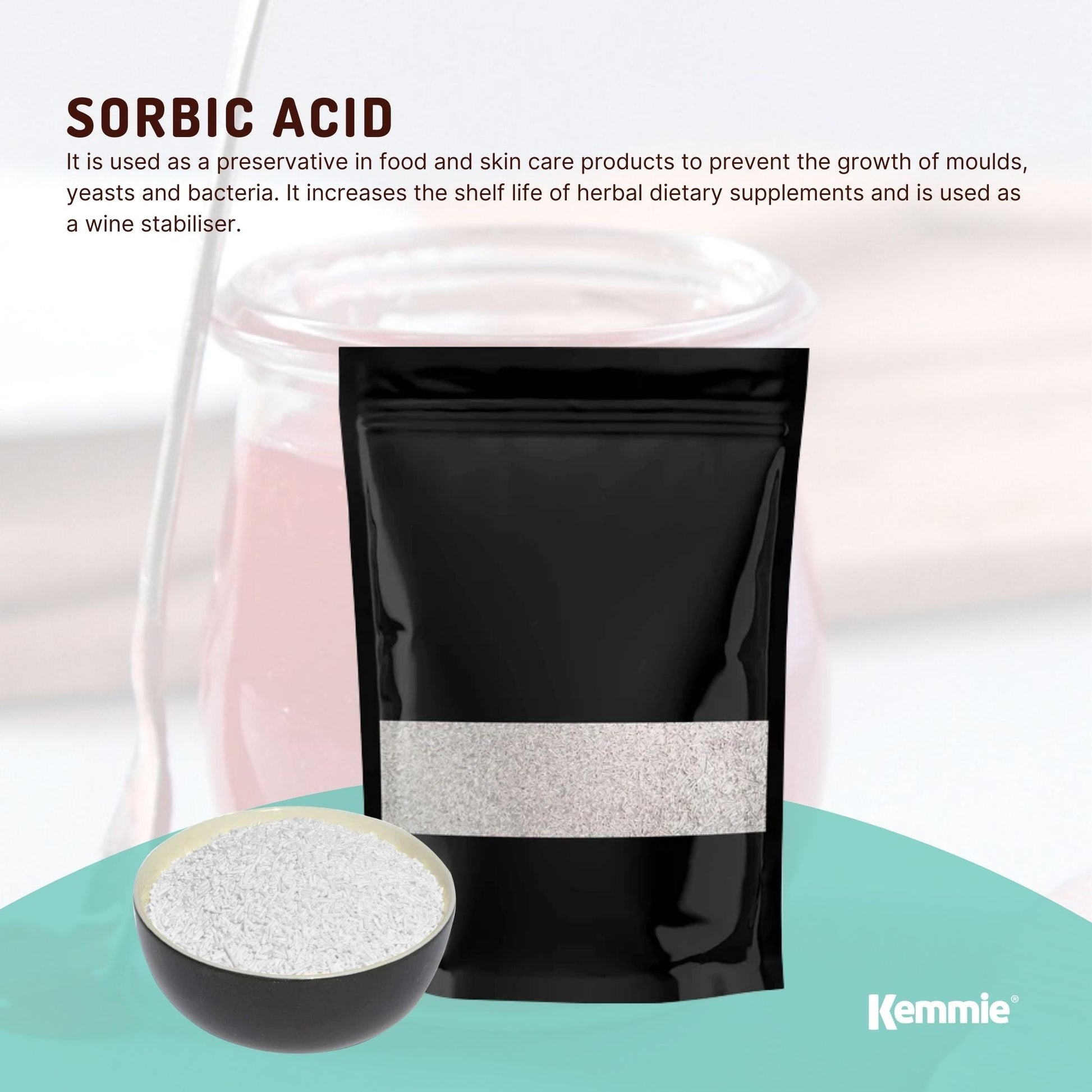 Hlpmedical Kemmie 400g potassium sorbate food grade granules preservative for food and cosmetics, in a clear plastic bag