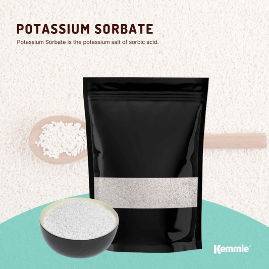 Hlpmedical Kemmie 1kg Potassium Sorbate food grade granules preservative for food and cosmetics, shown in a clear container.