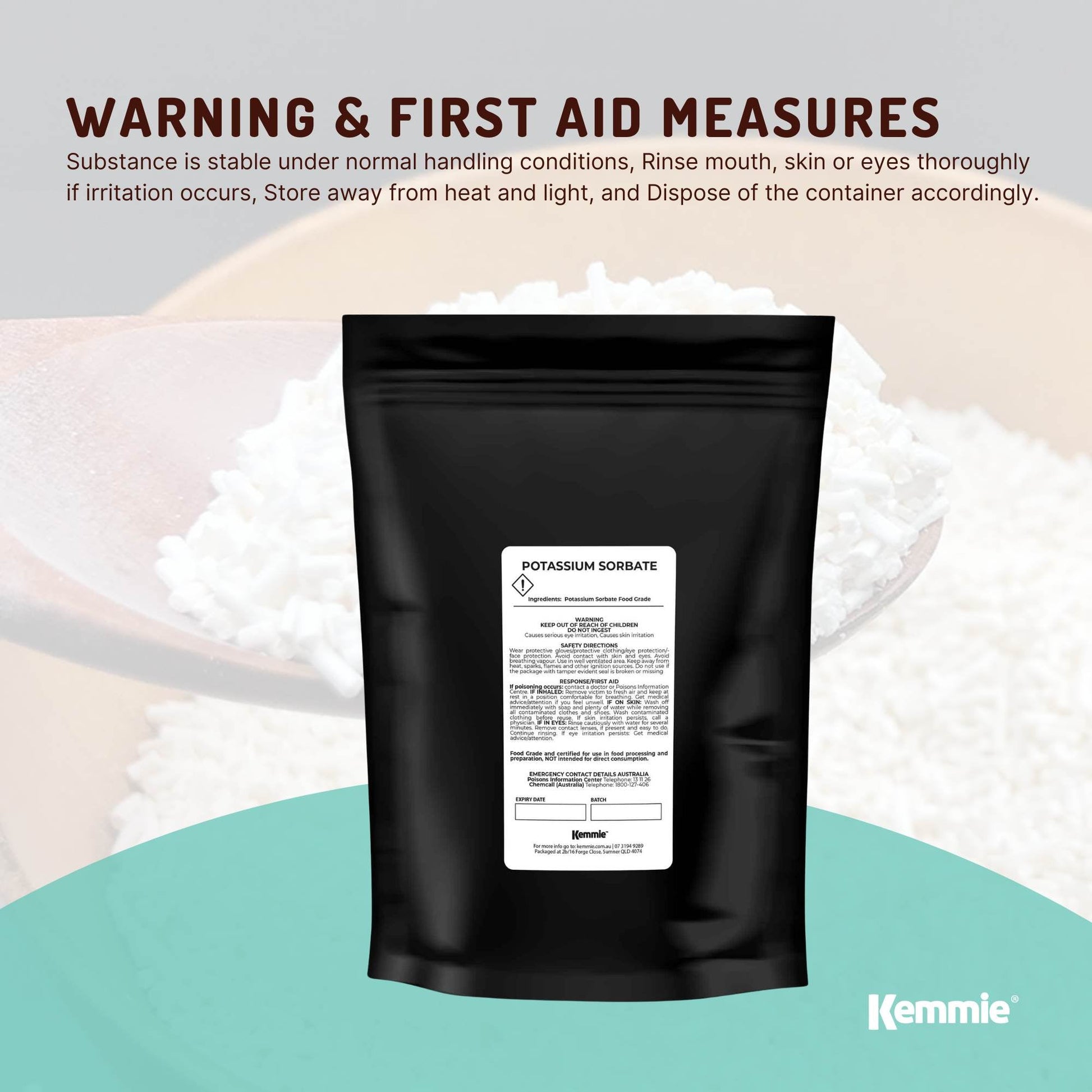 Kemmie 1kg potassium sorbate food grade granules for preservation, used in cosmetics and food, by Hlpmedical.