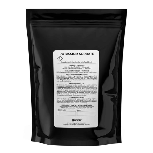 Hlpmedical Kemmie 2kg potassium sorbate food grade granules preservative for food and cosmetics in a clear bag.