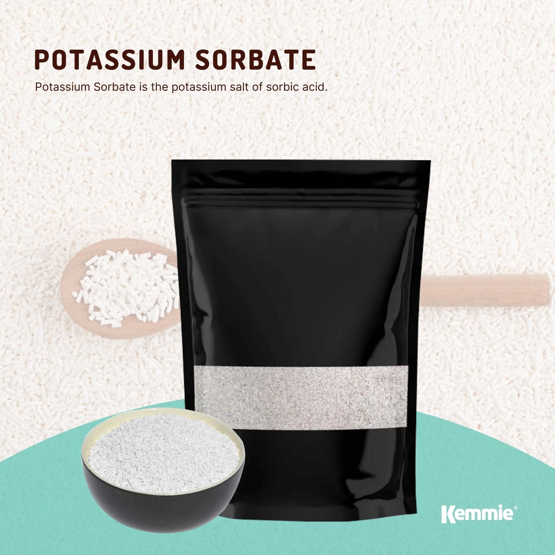 Kemmie 2kg potassium sorbate food-grade granules preservative for food and cosmetics, from Hlpmedical, in a clear plastic bag.