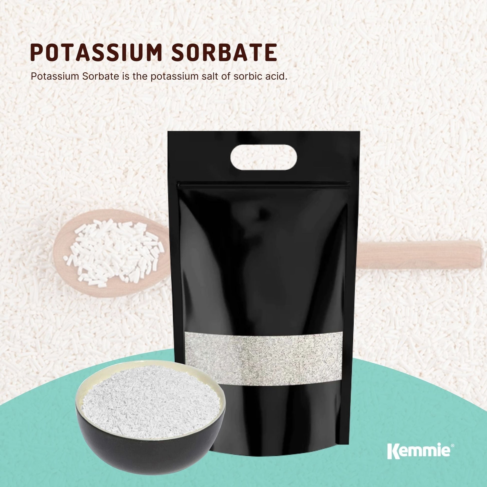 Kemmie 5kg potassium sorbate food grade granules preservative for cosmetics and food, by Hlpmedical, shown in the image.
