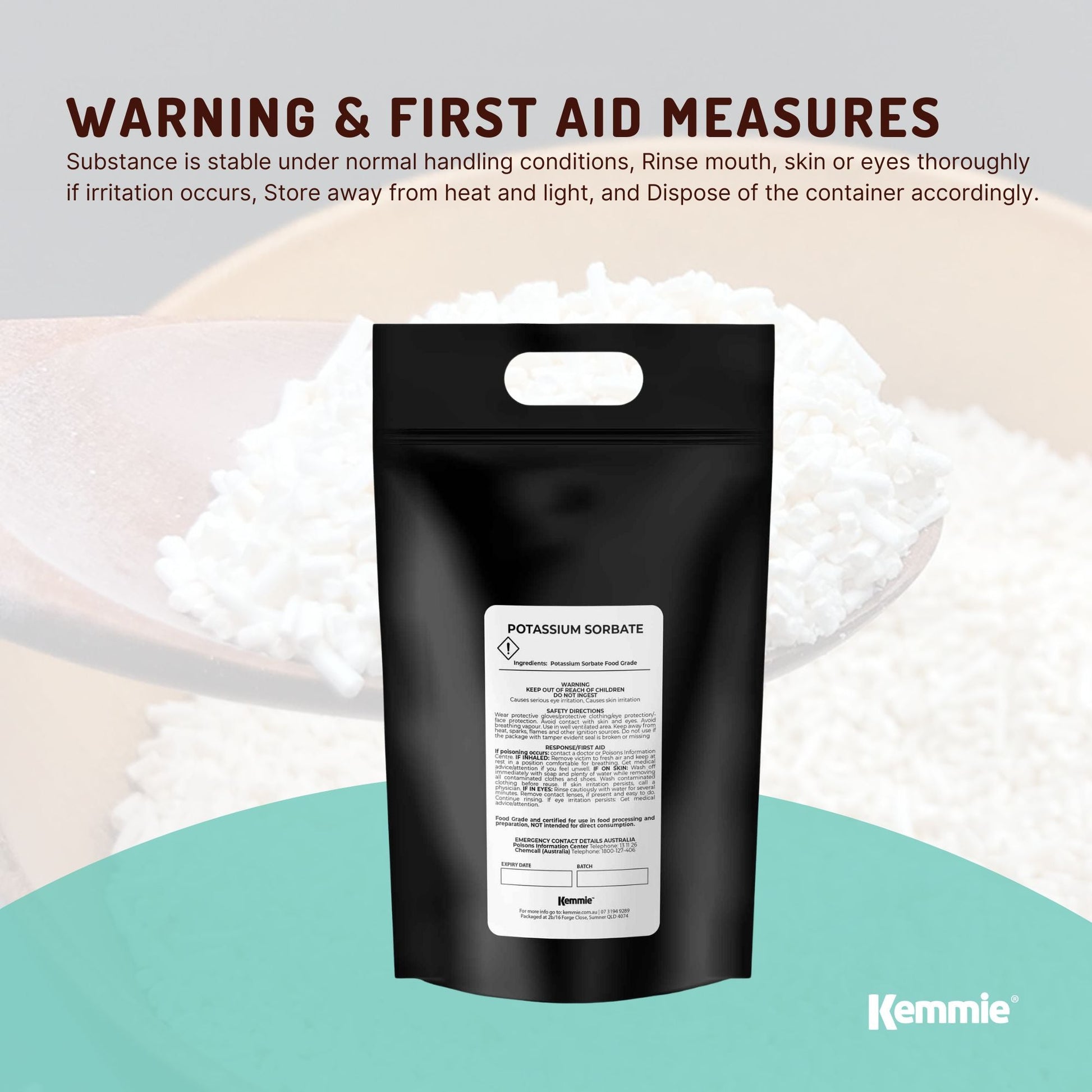 Hlpmedical Kemmie 5kg potassium sorbate food-grade granules preservative for food and cosmetics, shown in a clear container.