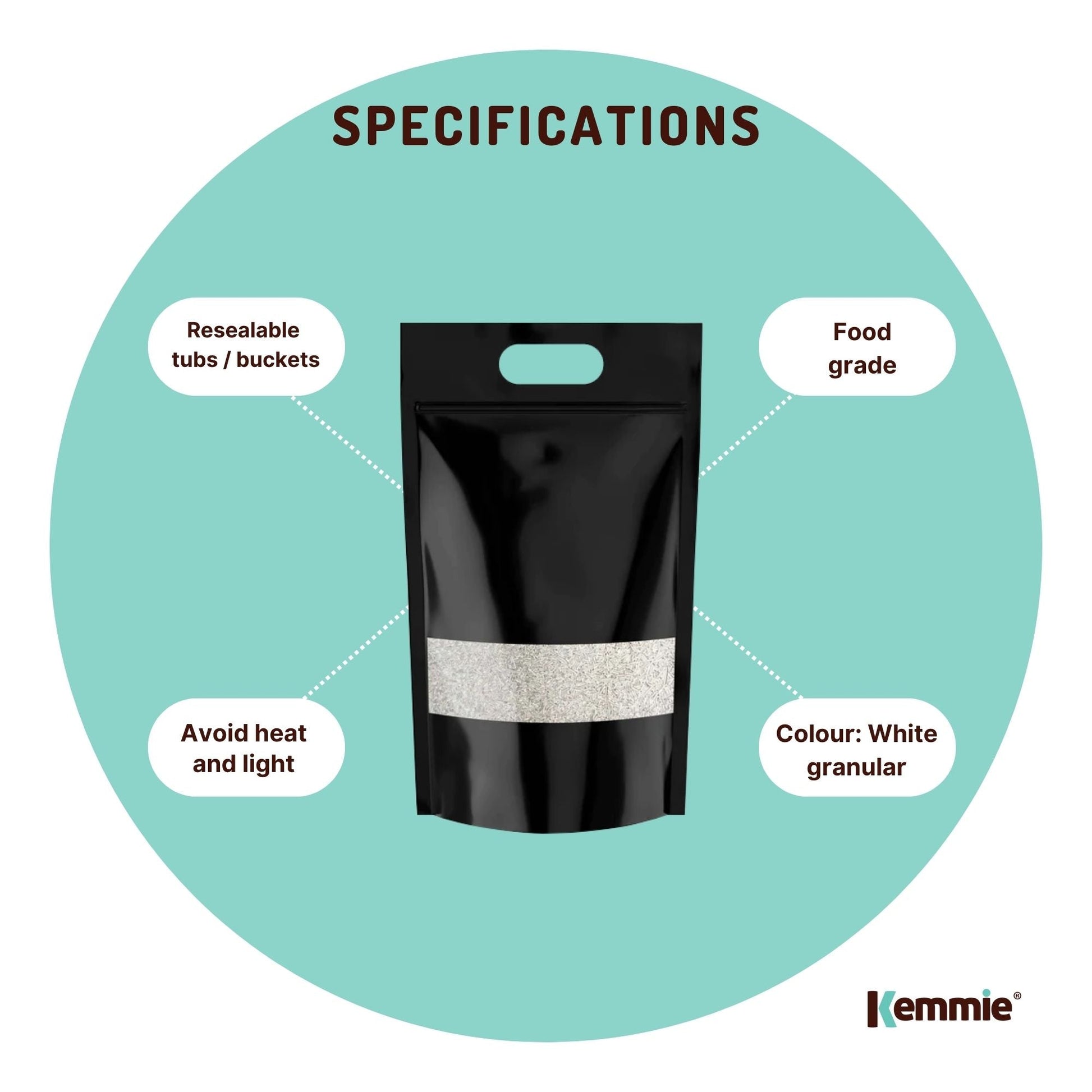 Kemmie 5kg potassium sorbate food grade granules preservative for food and cosmetics, in a clear plastic bag.
