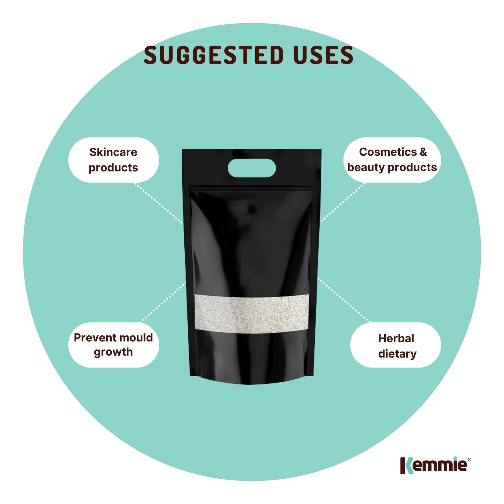 Kemmie bulk 20kg potassium sorbate food grade granules preservative, shown in a clear container, used for food preservation.