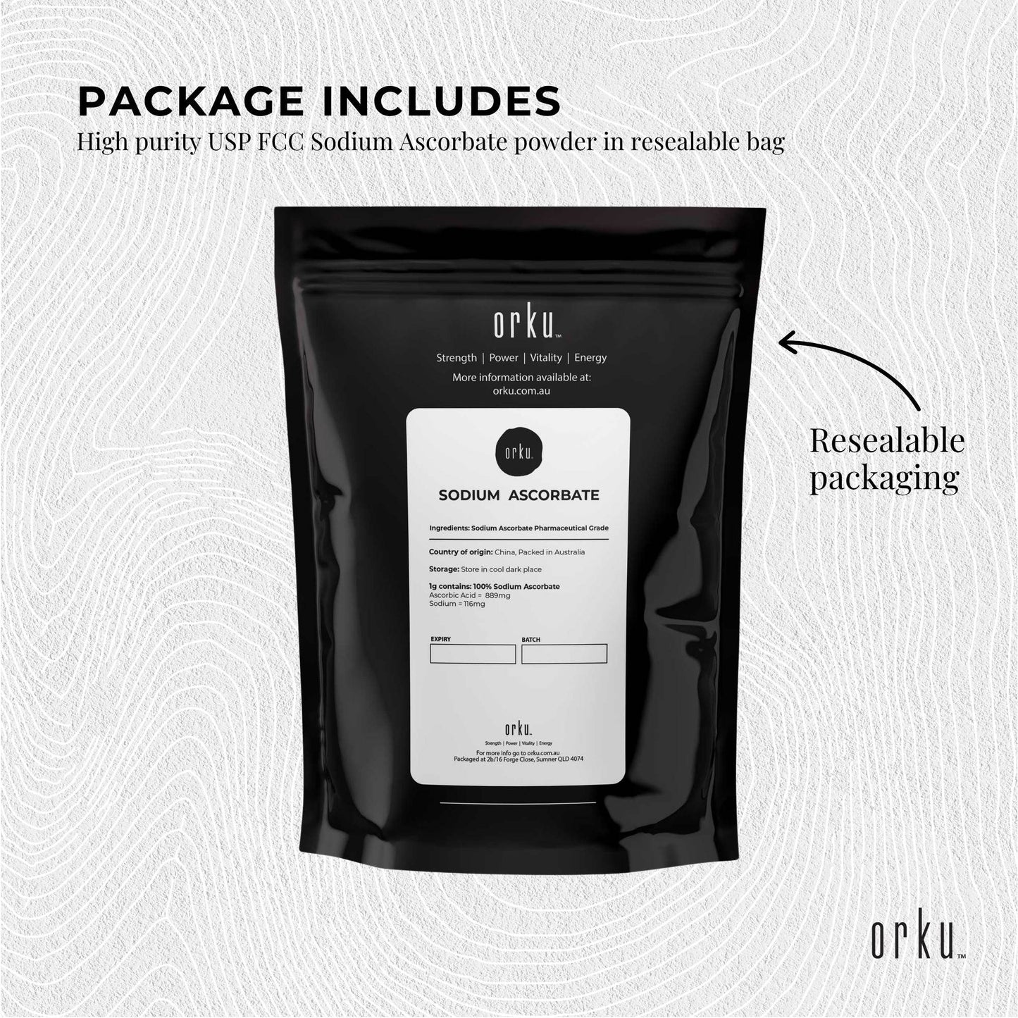 High purity Orku 1kg sodium ascorbate crystalline powder, a vitamin supplement for health and nutrition.