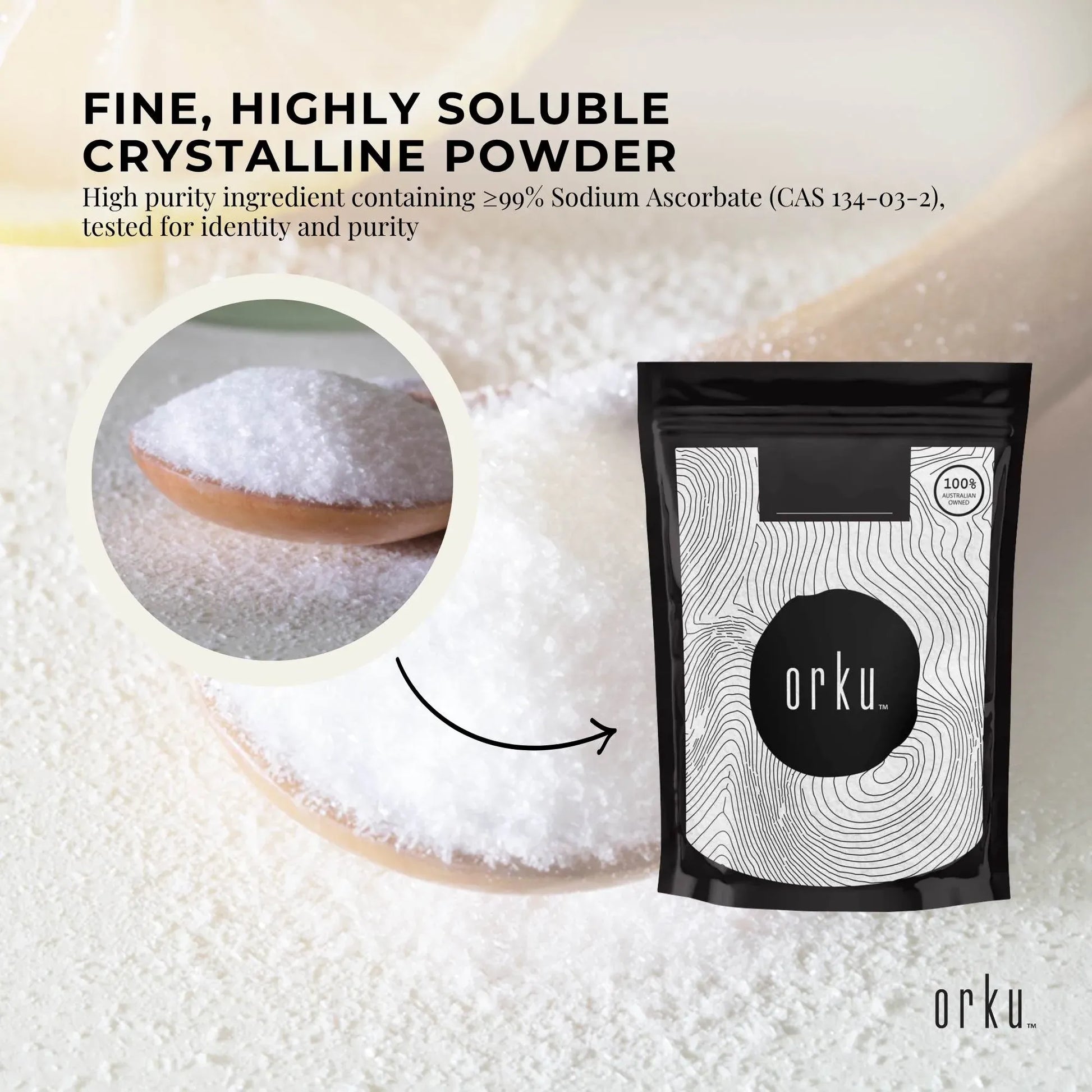 Orku 1kg Sodium Ascorbate high purity crystalline powder for health and supplements, shown in a clear container.