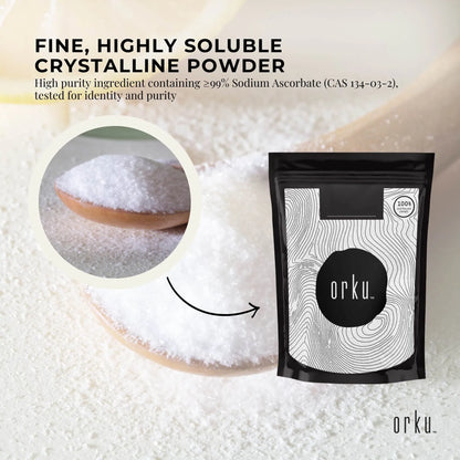 Orku 1kg Sodium Ascorbate high purity crystalline powder for health and supplements, shown in a clear container.