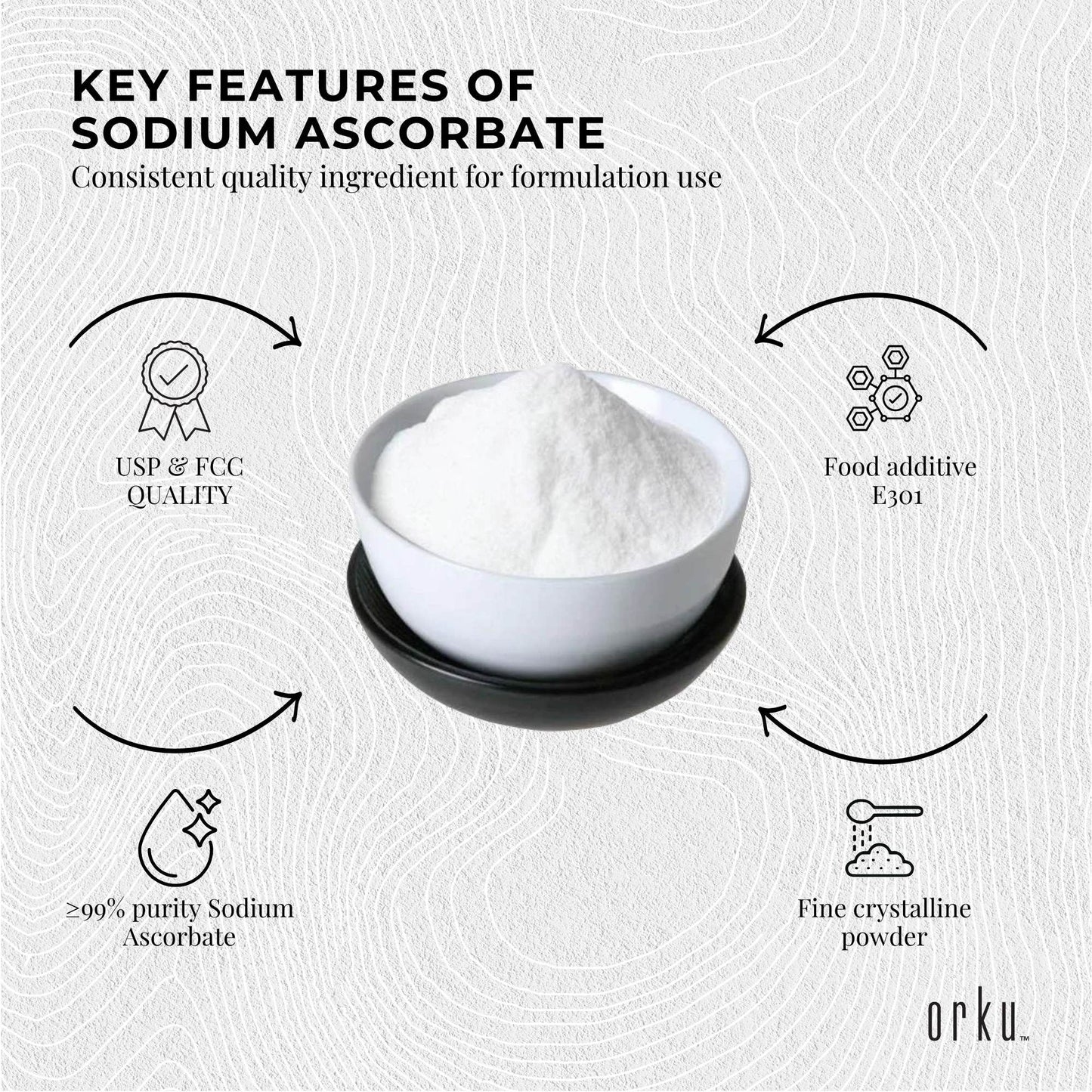 High purity Orku 1kg sodium ascorbate crystalline powder, a vitamin supplement for health and nutrition.