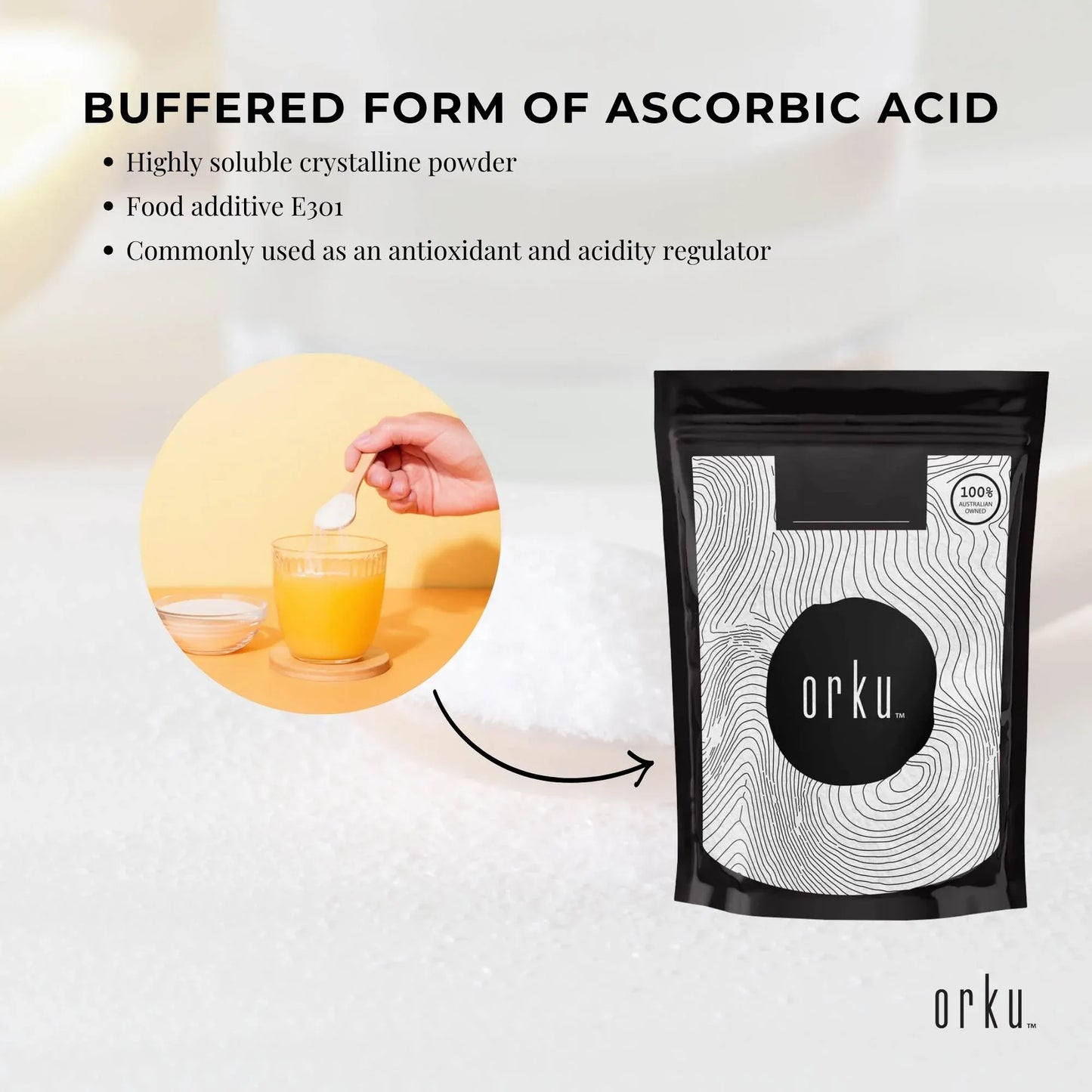 Hlpmedical Orku 1kg sodium ascorbate crystalline powder, high purity vitamin C supplement for health and nutrition.