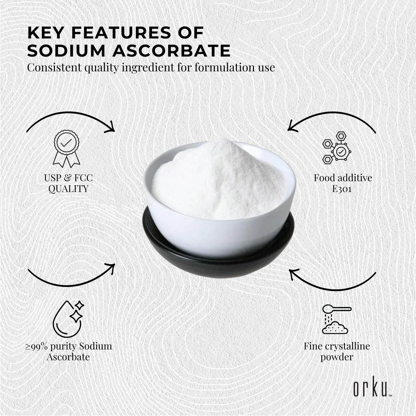 High purity Orku 5kg sodium ascorbate crystalline powder, a vitamin supplement for health and nutrition by Hlpmedical.
