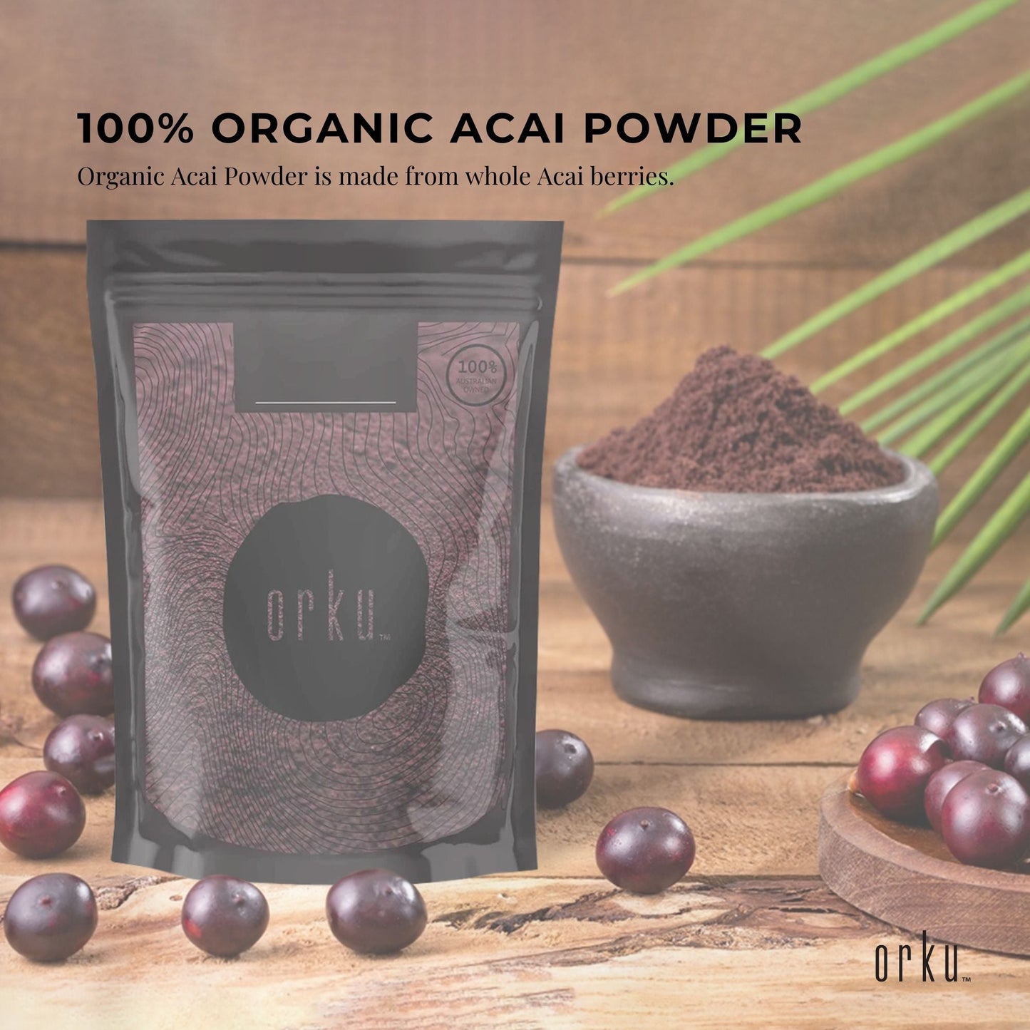 Organic acai powder in 400g package, a health supplement made from Amazonian berries by Hlpmedical.