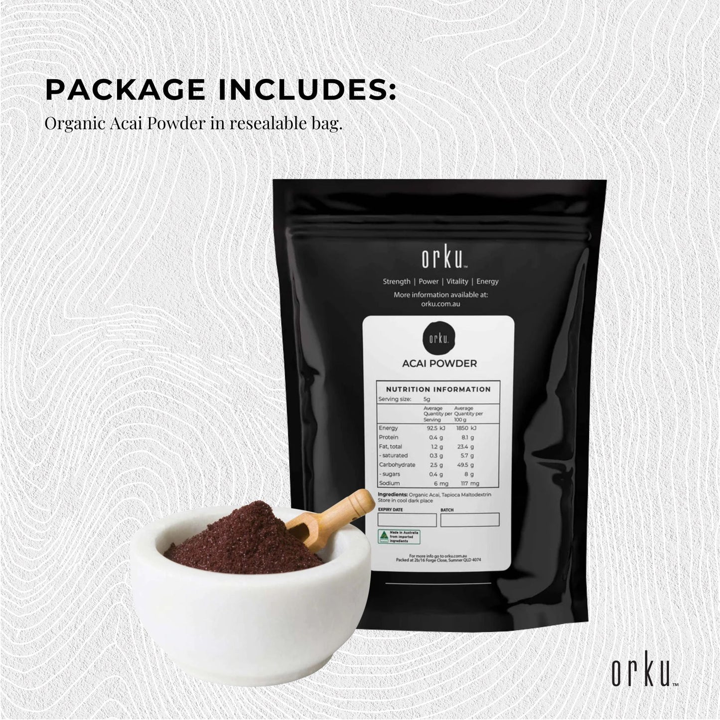 Organic acai powder in 400g pack from Hlpmedical, showcasing vibrant purple acai berries on a natural superfood health supplement label.