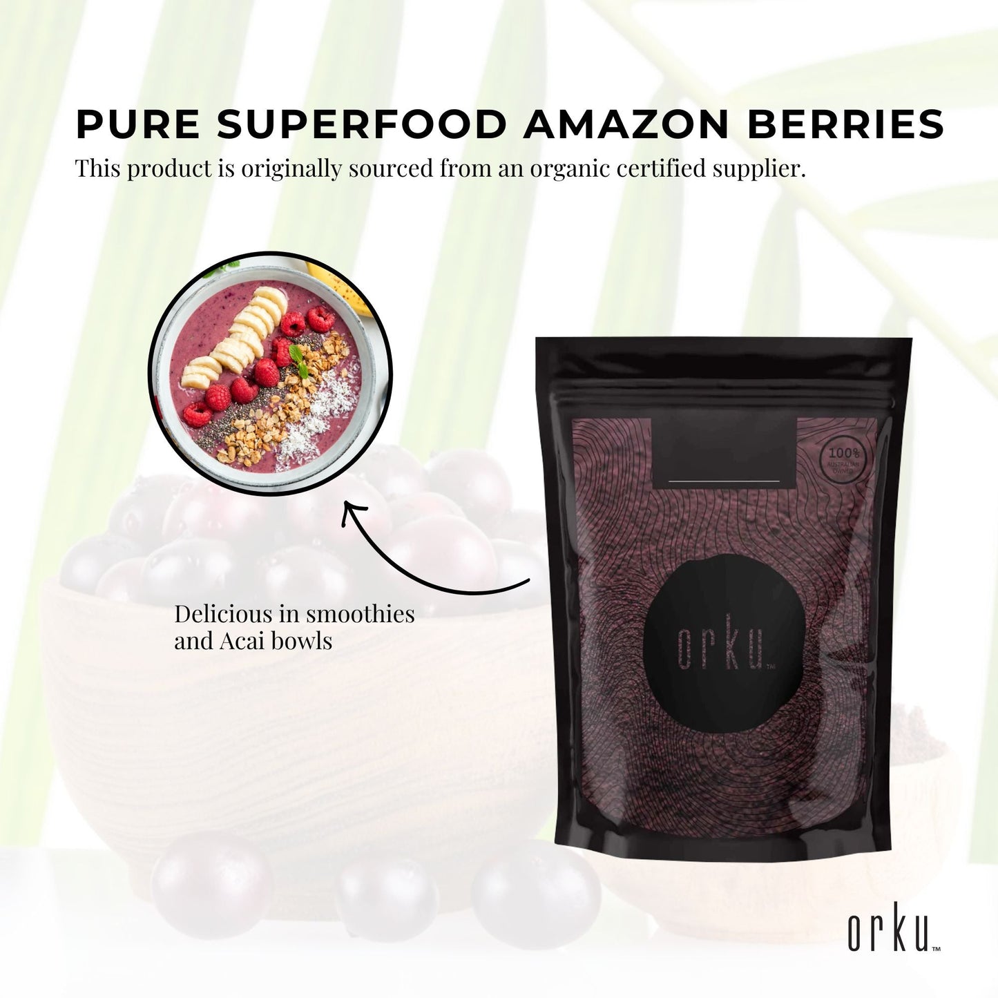 Organic acai powder in 400g pack by Hlpmedical, showcasing vibrant purple acai berries in a health supplement container.