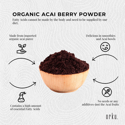 Organic acai powder in a 400g package from Hlpmedical, superfood Amazon berries for health and nutritional supplements.