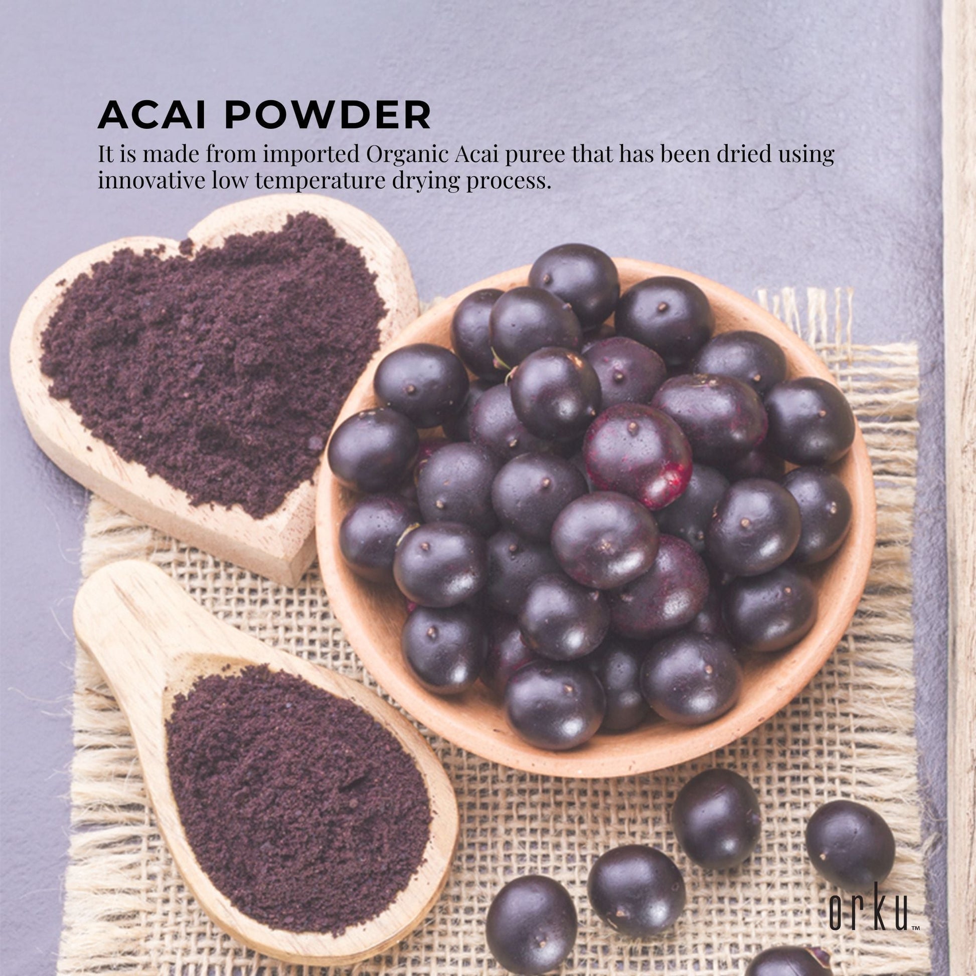 Organic acai powder in 400g package from Hlpmedical, highlighting rich Amazon berries for health and superfood nutrition.