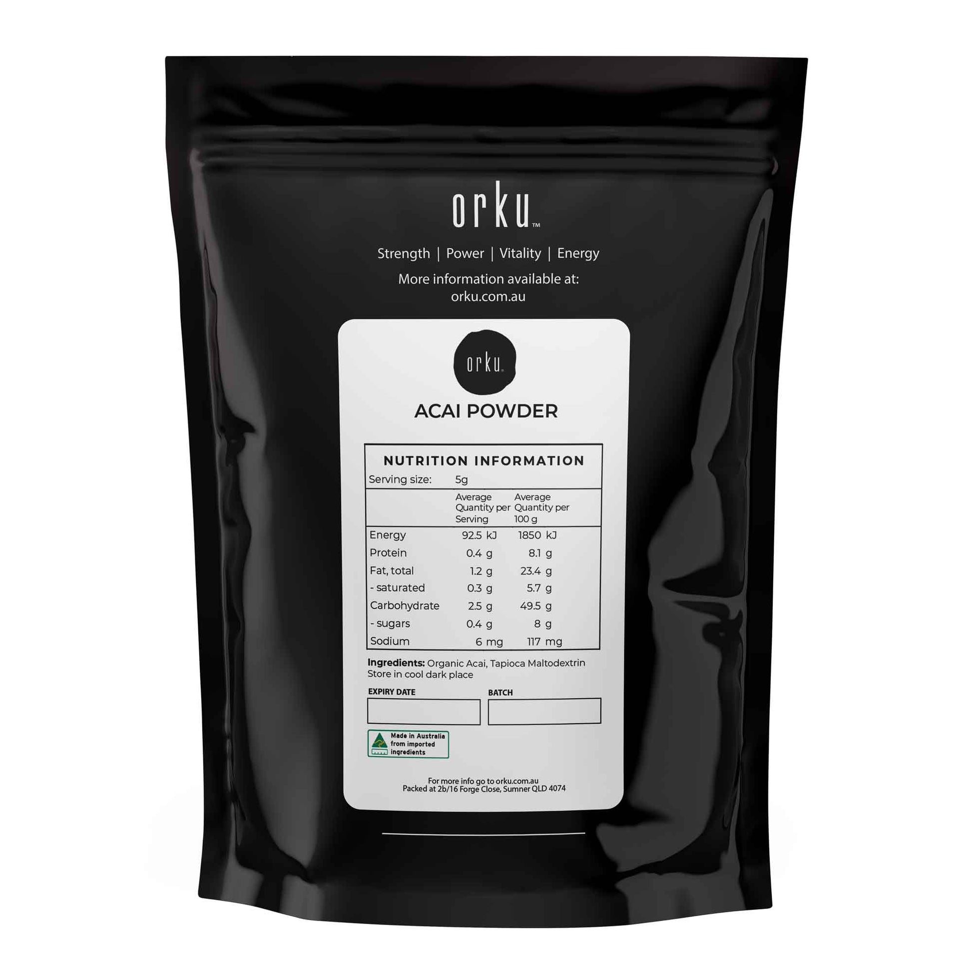 Organic acai powder from Hlpmedical, 1kg jar, vibrant purple superfood berries for health and nutrition in supplement form.